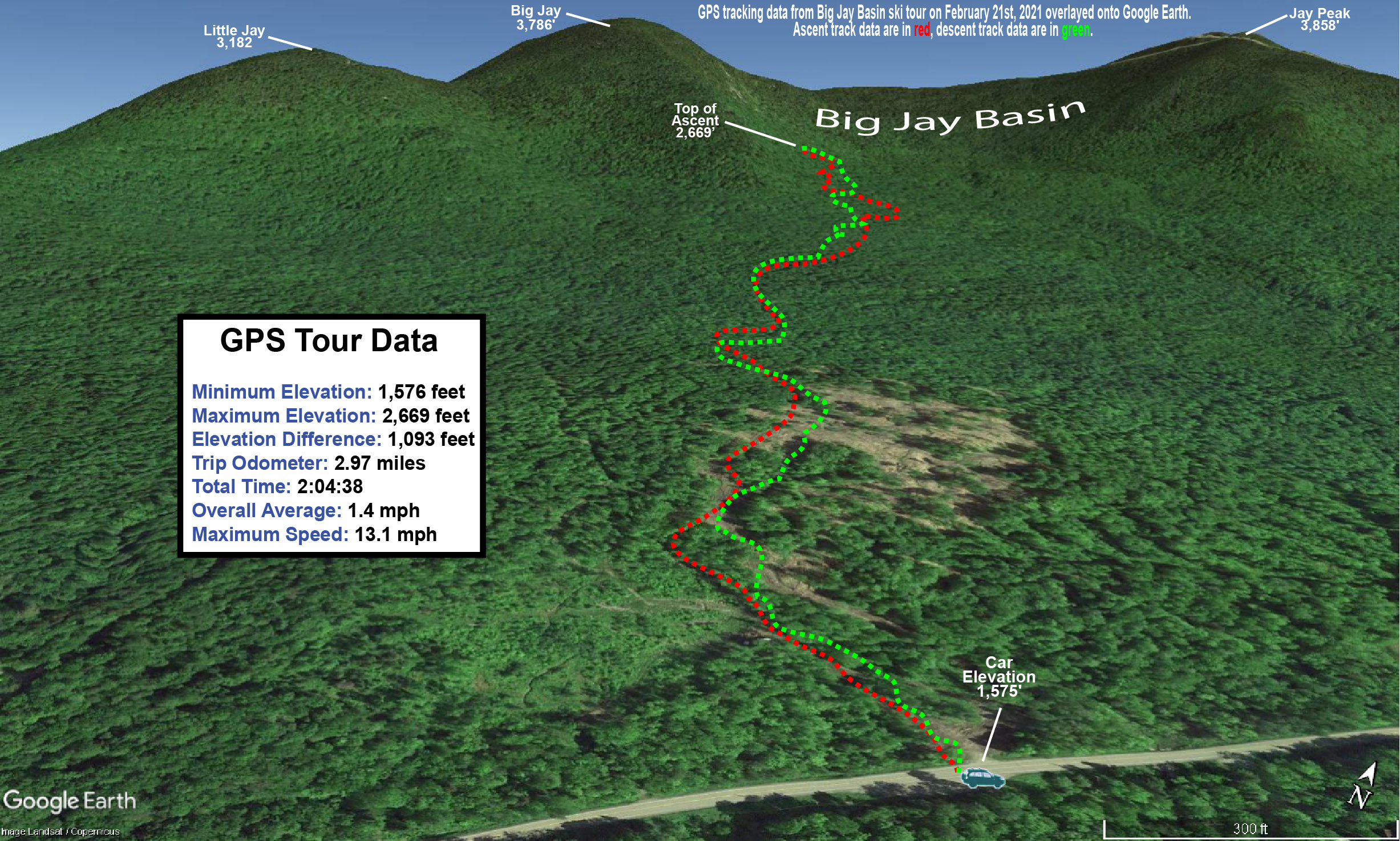 A map showing GPS data on Google Earth for a backcountry ski tour in the Big Jay Basin area near Jay Peak Resort in Vermont