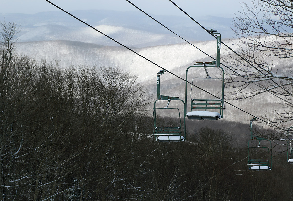 An image of the Wilderness lift after an April snowstorm at Bolton Valley Ski Resort in Vermont