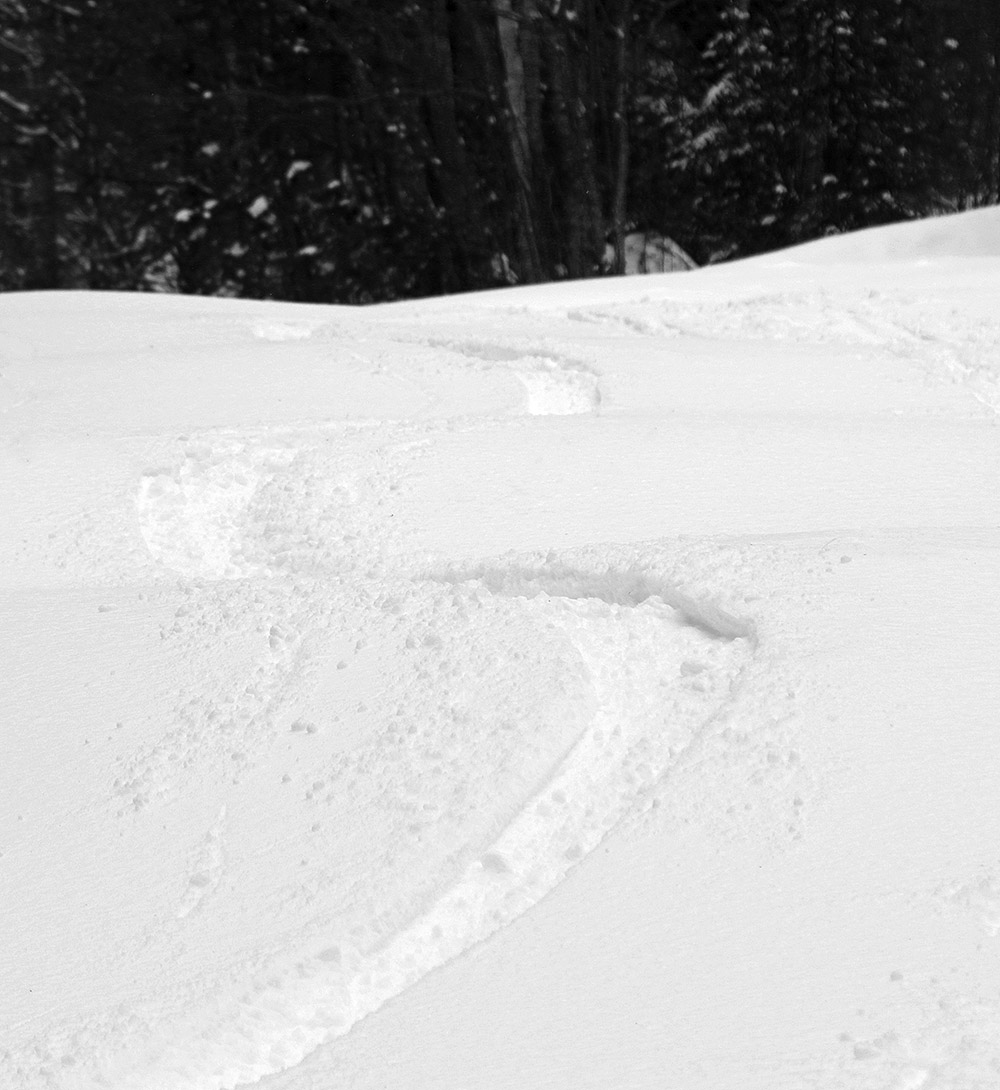 An image showing ski tracks in powder snow after a late April storm at Bolton Valley Ski Resort in Vermont
