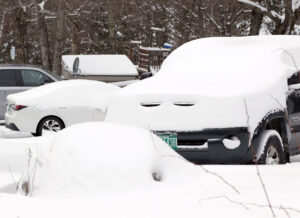 An image of snow accumulations from a late April snowstorm in the Village area at Bolton Valley Ski Resort in Vermont