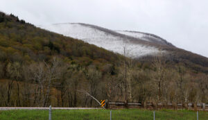 An image showing snow accumulations from an early May snowstorm around the peaks of the Winooski Valley in Vermont