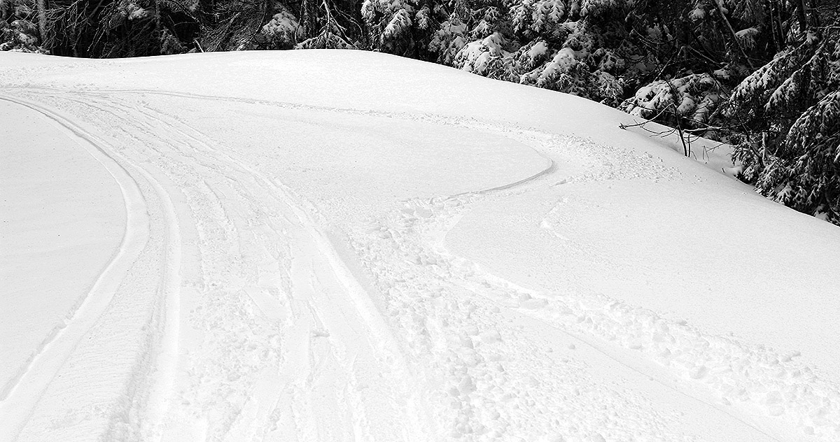 An image showing some ski tracks in powder snow from an early May snowstorm at Bolton Valley Ski Resort in Vermont