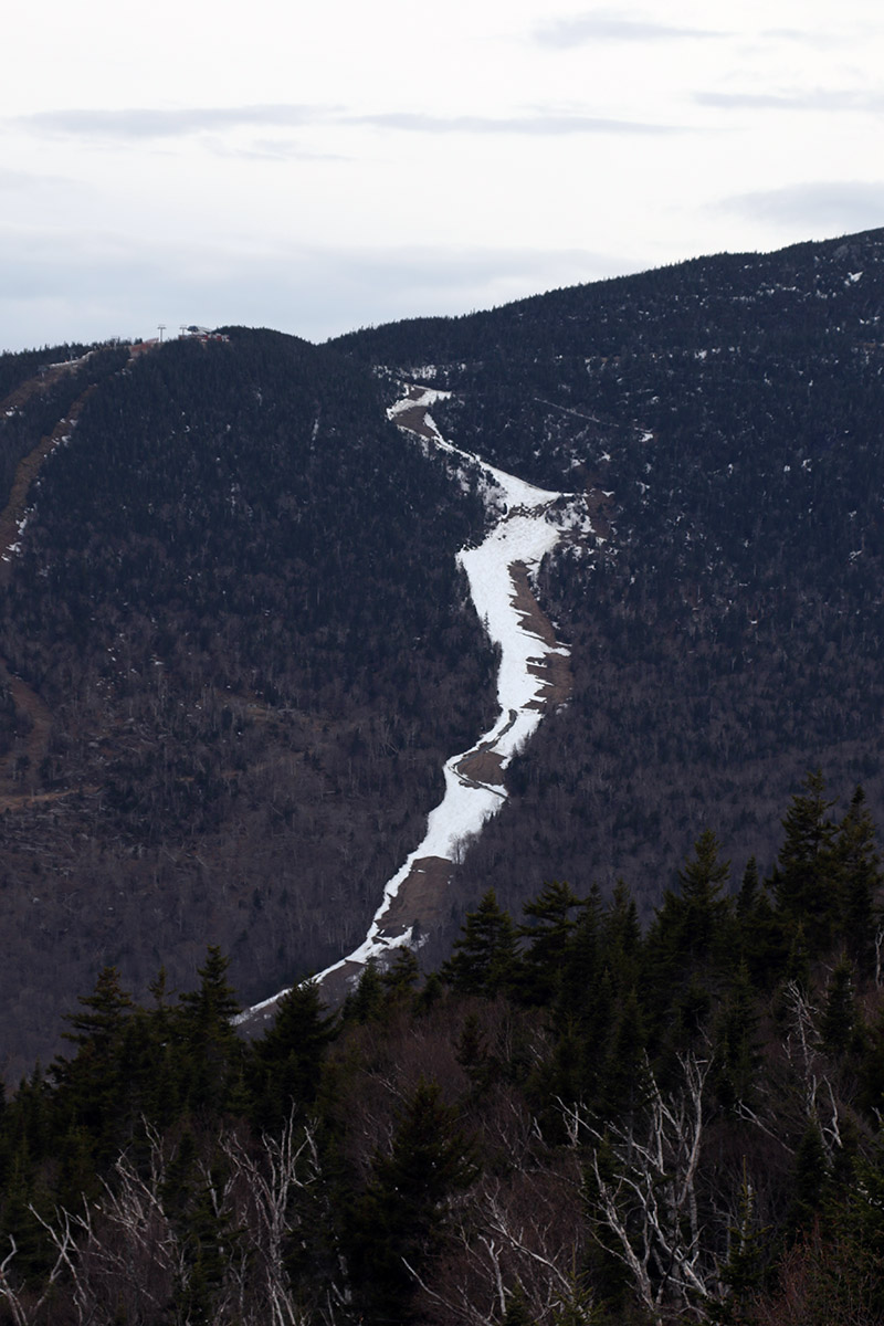 An image from Spruce Peak showing the snow in mid-May on the Nosedive trail on Mt. Mansfield at Stowe Mountain Ski Resort in Vermont