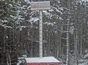 An image showing mid-October snow accumulating at the upper mountain snowboard webcam at Sugarbush Resort in Vermont