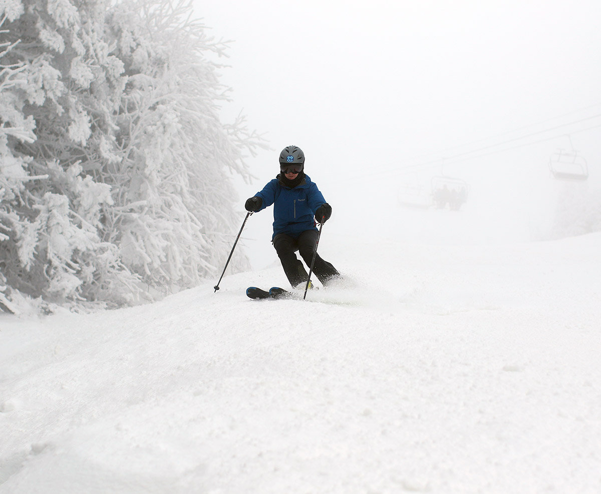 An image of Erica skiing the Hard Luck trail during the Christmas holiday week at Bolton Valley Resort in Vermont
