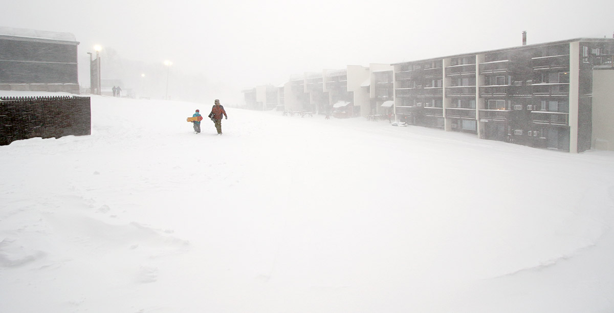 An image of the base are of Bolton Valley Ski Resort in Vermont during Winer Storm Quinlan