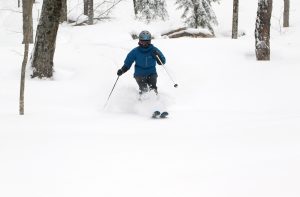 An image of Erica skiing the powder from Winter Storm Quinlan in the KP Glades area of Bolton Valley Ski Resort in Vermont