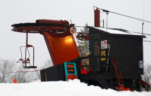 An image of the summit station of the Snowflake Lift on a November ski day at Bolton Valley Ski Resort in Vermont
