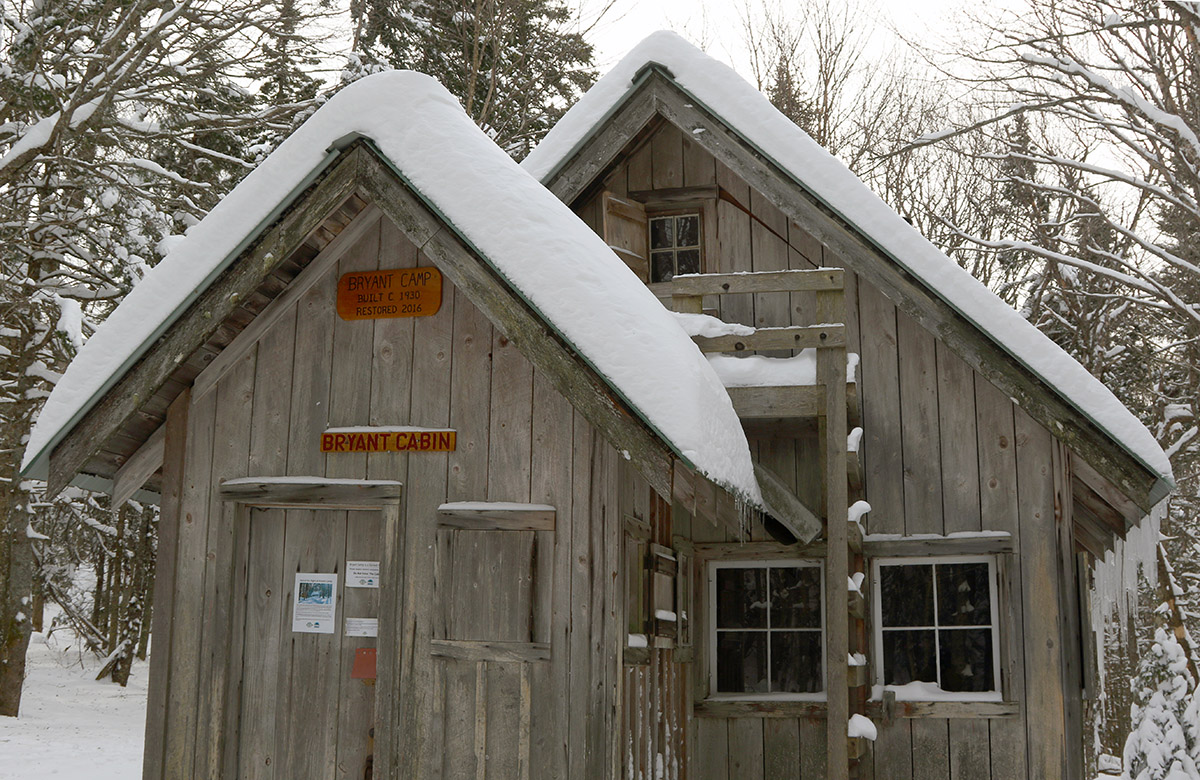 An image of the Bryant Cabin during a ski tour on the Nordic & Backcountry Network at Bolton Valley Ski Resort in Vermont