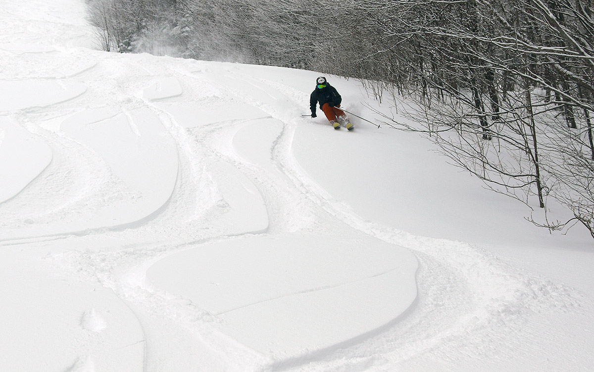 An image of Ty and ski tracks in the Timberline area after Winter Storm Iggy at Bolton Valley Ski Resort in Vermont