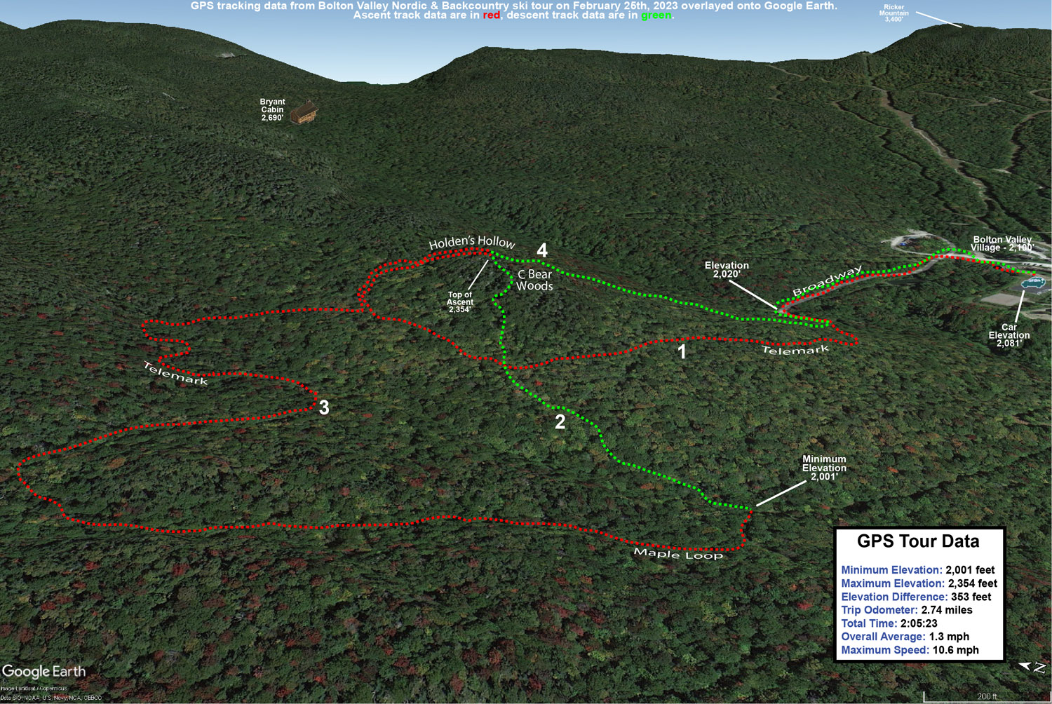 A Google Earth map with GPS tracking data from a ski tour on the Nordic and Backcountry Network at Bolton Valley Ski Resort in Vermont