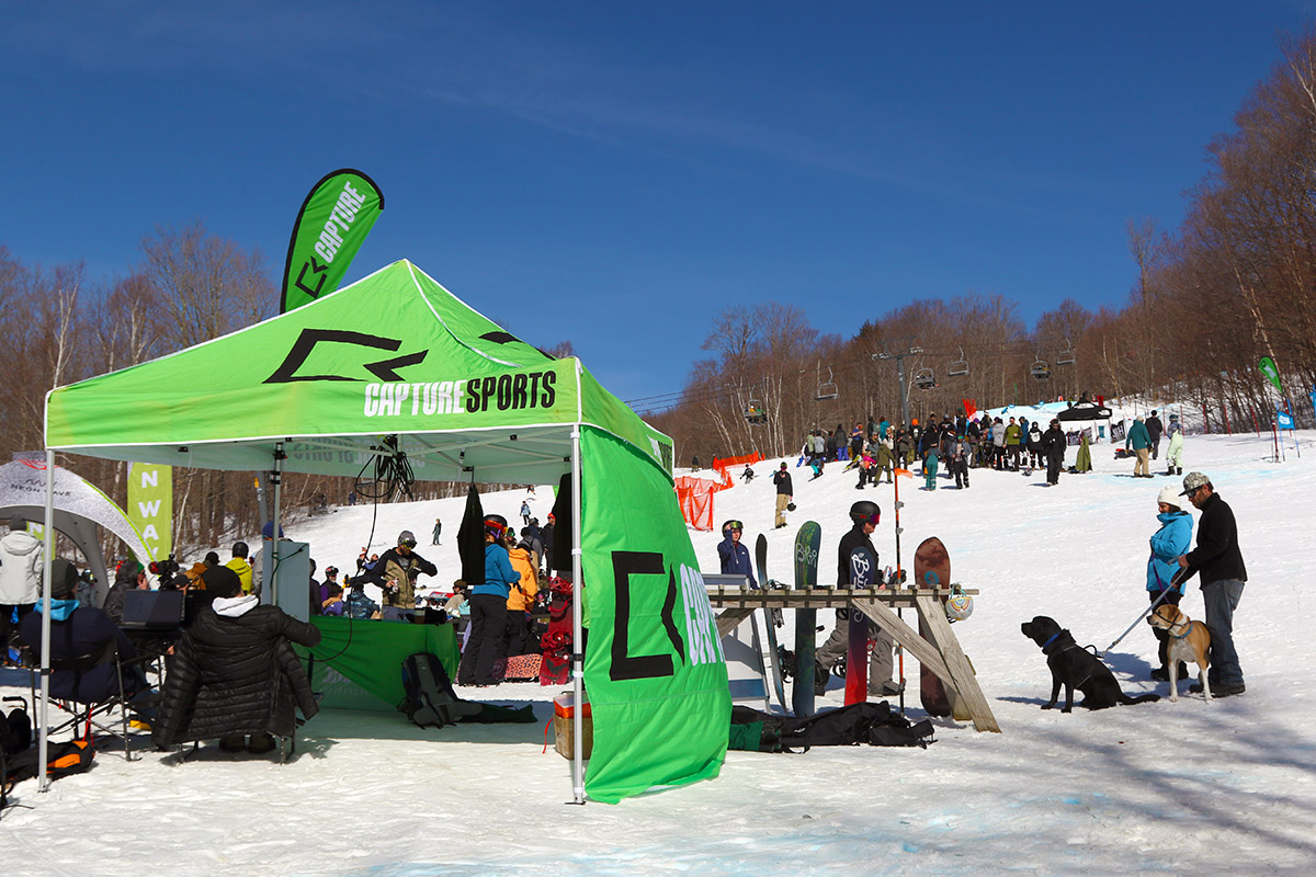An image of some of the tents found at the Timberline Base area for the annual Blauvelt's Banks competition at Bolton Valley Ski Resort in Vermont