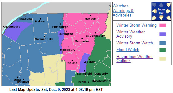 A map of New York and Vermont from the National Weather Service Office in Burlington, VT showing the various weather alerts posted for the area, including a Winter Storm Warning for Northern Vermont ahead of a December snowstorm coming into the area.