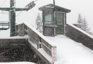 An image of heavy snowfall during a December snowstorm at the Wilderness Summit area of Bolton Valley Ski Resort in Vermont