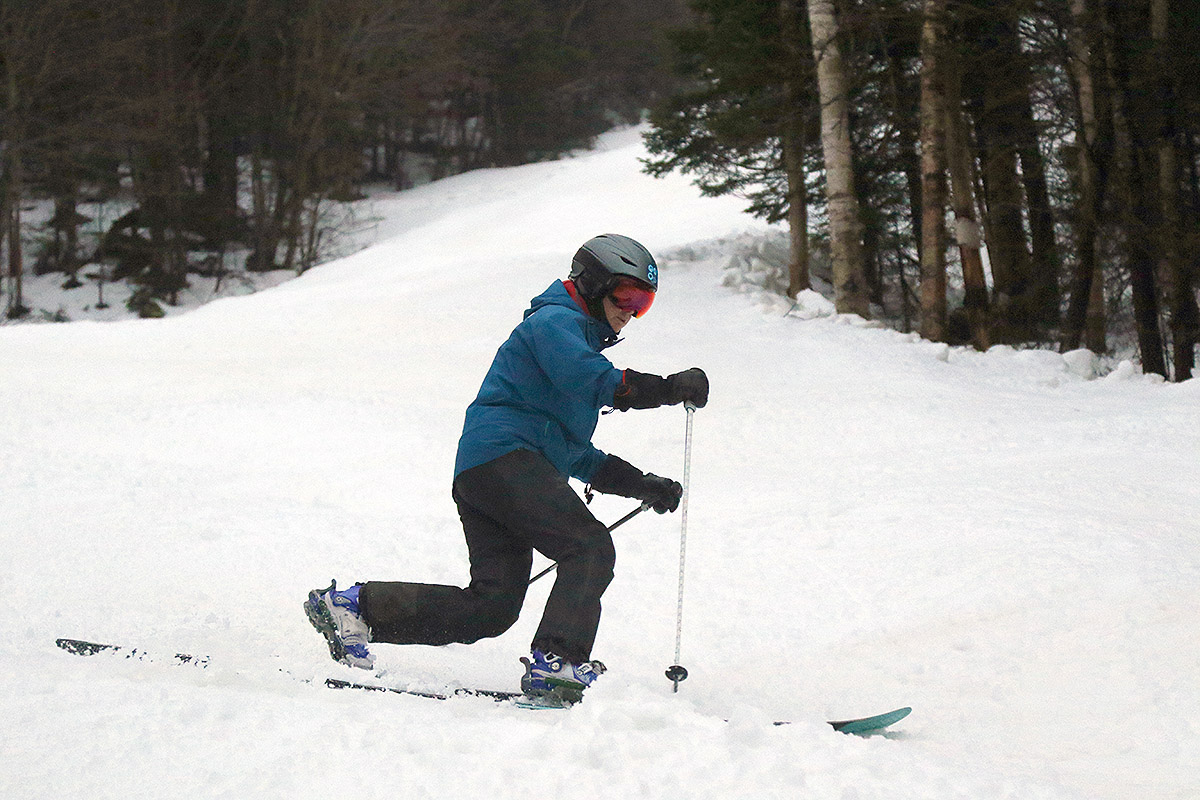 An image of Erica Telemark skiing on the Hard Luck trail during the Christmas holiday week at Bolton Valley Resort in Vermont