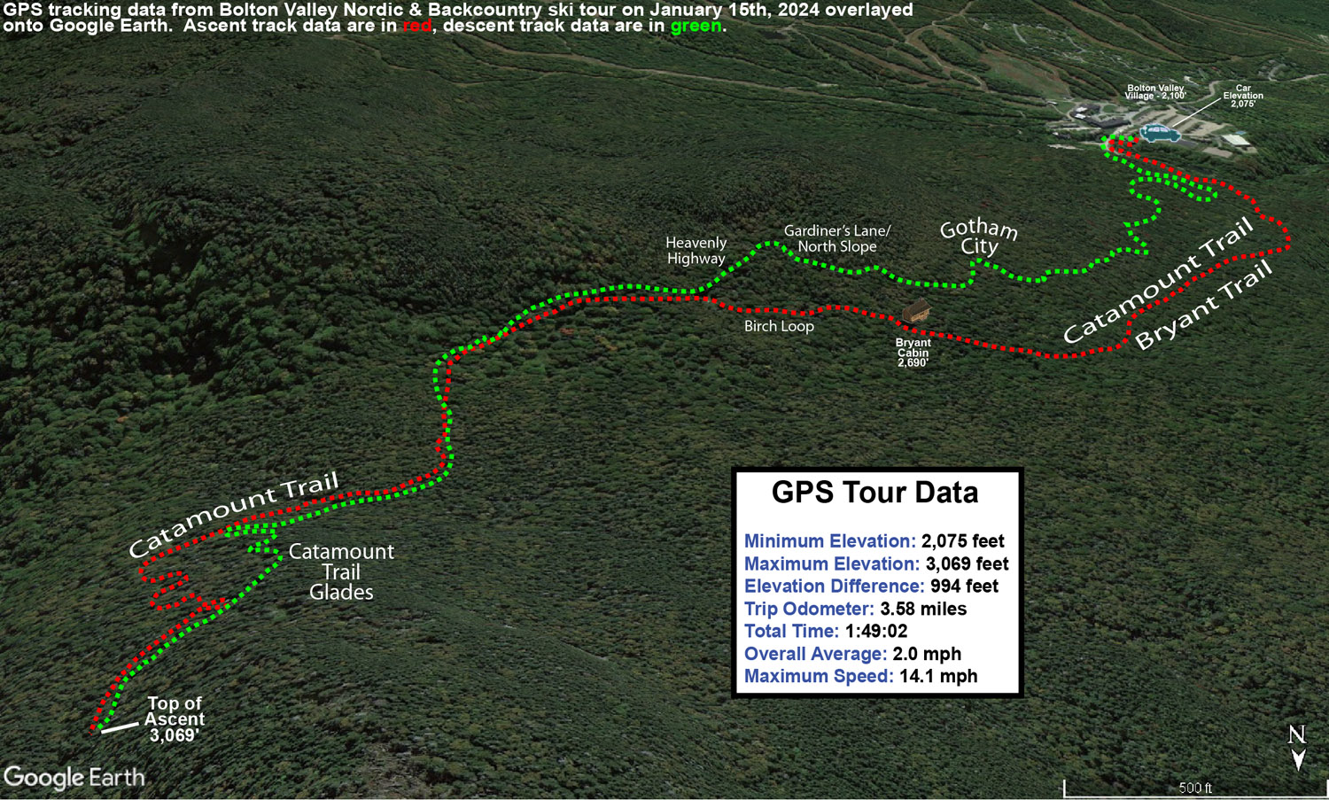 An image containing a Google Earth map with GPS tracking data from a ski tour on the Nordic and Backcountry Network of trails at Bolton Valley Ski Resort in Vermont