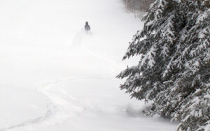 An image of Ty laying down a ski track in fresh powder while Telemark skiing on the Wilderness Lift Line with heavy snow falling from Winter Storm Heather at Bolton Valley Ski Resort in Vermont