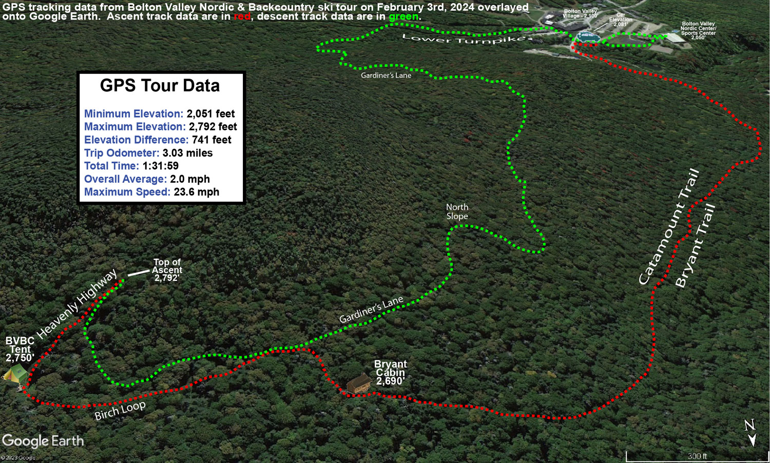An image of a Google Earth map overlaid with GPS tracking data from a February ski tour on the Bolton Valley Nordic and Backcountry Network near Bolton Valley Ski Resort in Vermont