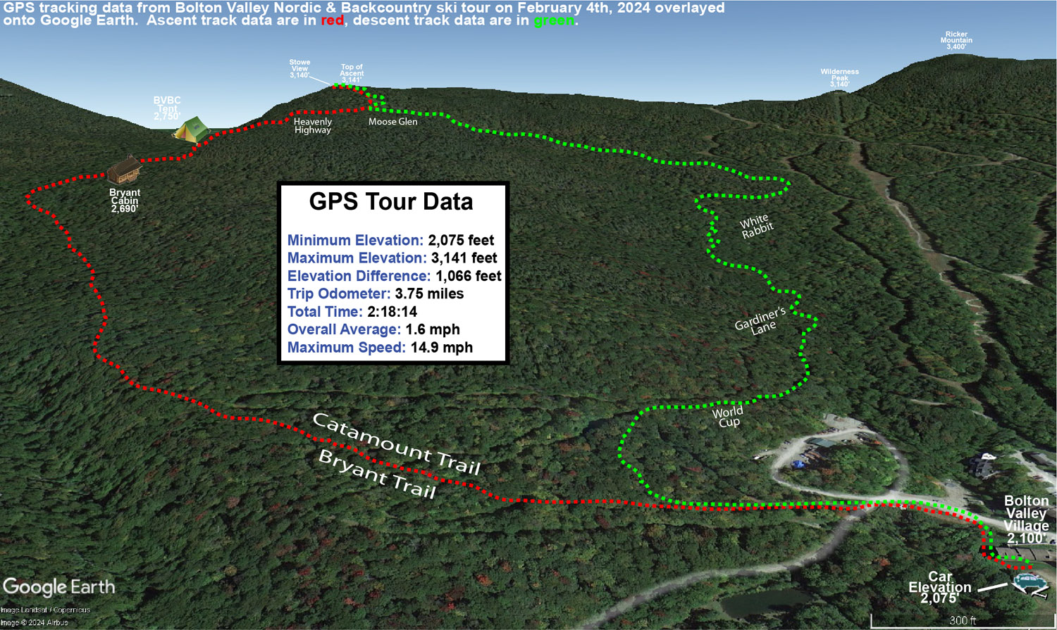A Google Earth map with GPS tracking data showing the route of a ski tour on the Nordic and Backcountry Network of trails at Bolton Valley Ski Resort in Vermont