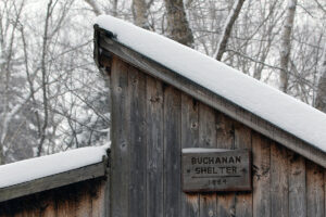 An image of the roofline of the Buchanan Shelter out on the Nordic and Backcountry Network at Bolton Valley Ski Resort in Vermont