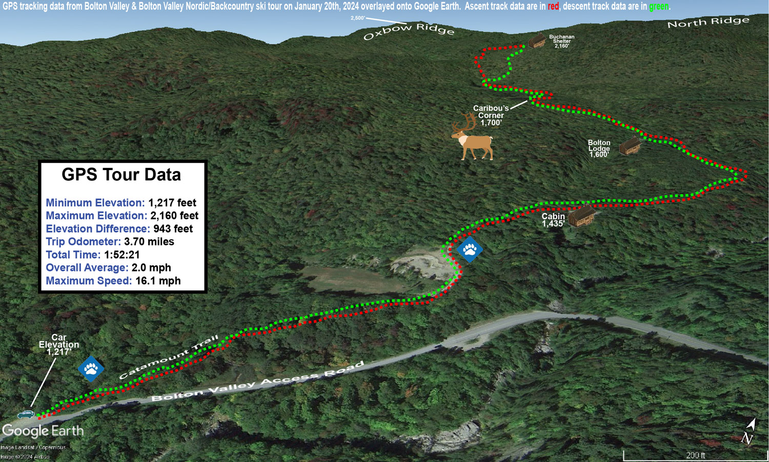 A Google Earth map with GPS tracking data of a ski tour up to the Buchanan Shelter on the Nordic and Backcountry Network at Bolton Valley Ski Resort in Vermont
