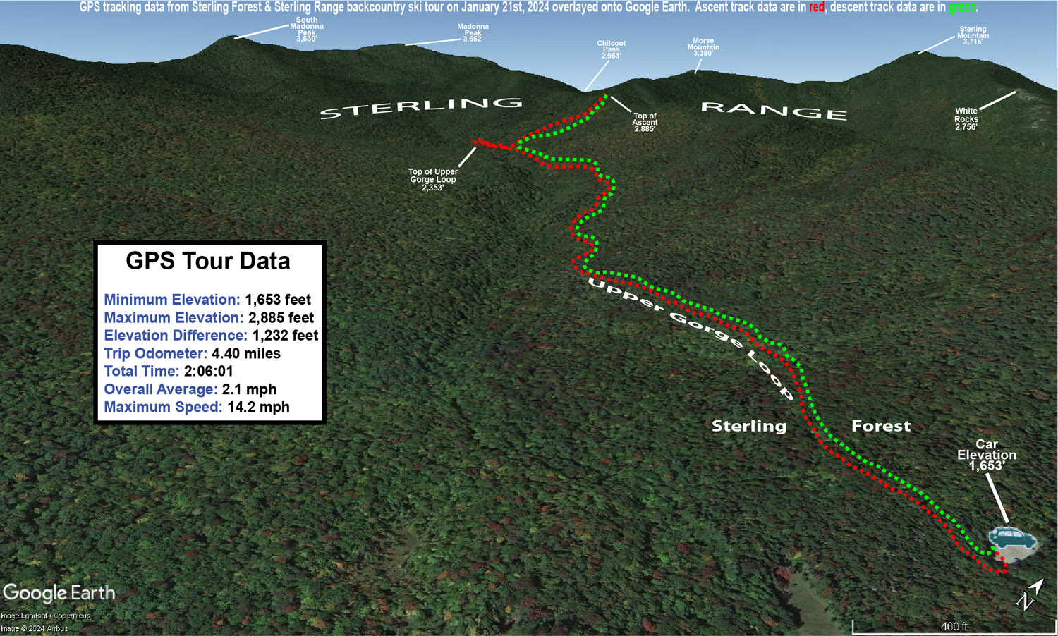A Google Earth map with GPS tracking data for a backcountry ski tour in the Sterling Forest area and Sterling Range in the Northern Green Mountains of Vermont