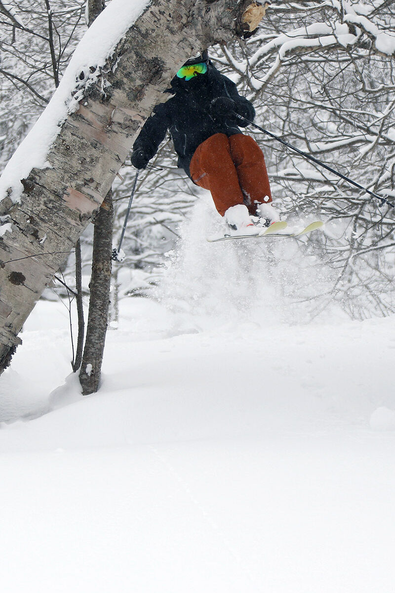 A picture of Ty in the air as he gets set to fly underneath a leaning tree into the powder from Winter Storm Tormund in the Outlaw Woods area of Bolton Valley Ski Resort in Vermont