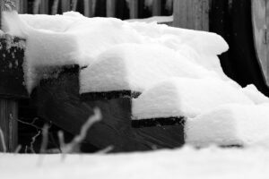 An image of steps covered in snow at the Wilderness Summit area during the Thanksgiving 2024 snowstorm at Bolton Valley Ski Resort in Vermont