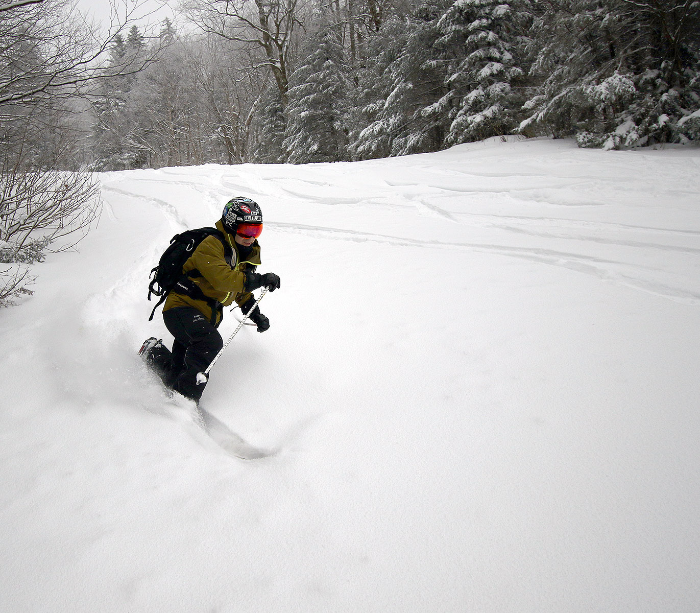 An image of Jay Telemark skiing in powder on the Cougar trail in the Wilderness area of terrain during a November lake-effect snow event at Bolton Valley Ski Resort in Vermont