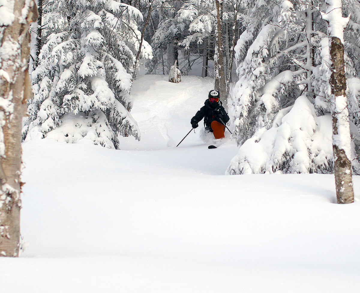 An image of Ty Telemark skiing in powder in the White Rabbit area of the Nordic & Backcountry Network in January at Bolton Valley Ski Resort in Vermont