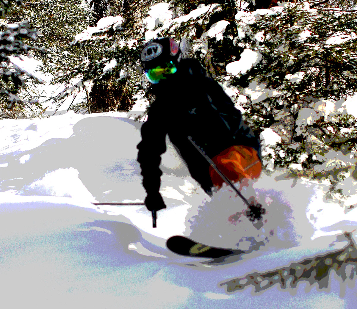 A posterized image of Ty Telemark skiing in powder snow in the Wilderness Woods area of Bolton Valley Ski Resort in Vermont